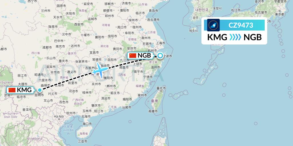 CZ9473 China Southern Airlines Flight Map: Kunming to Ningbo