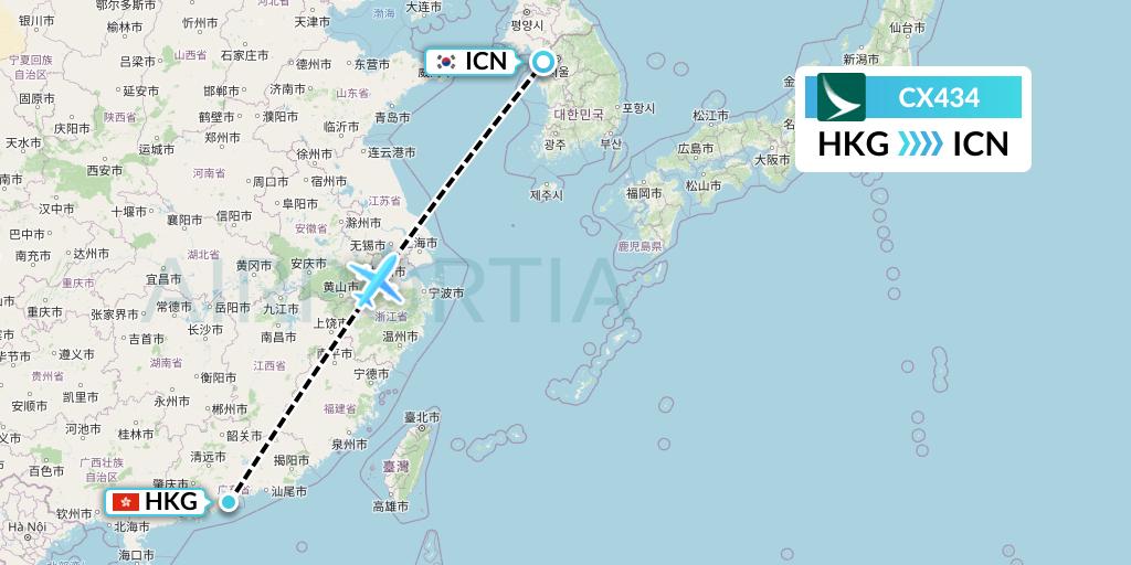 CX434 Cathay Pacific Flight Map: Hong Kong to Seoul