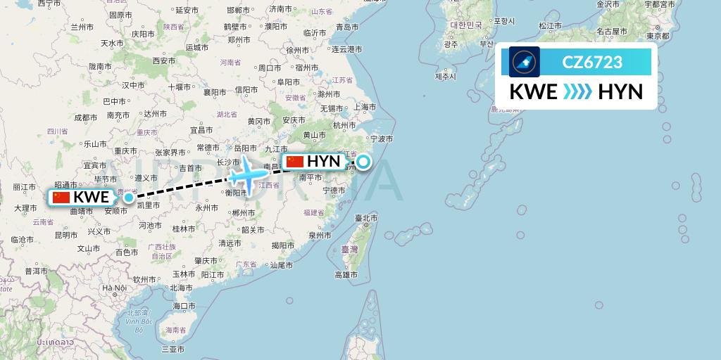 CZ6723 China Southern Airlines Flight Map: Guiyang to Huangyan