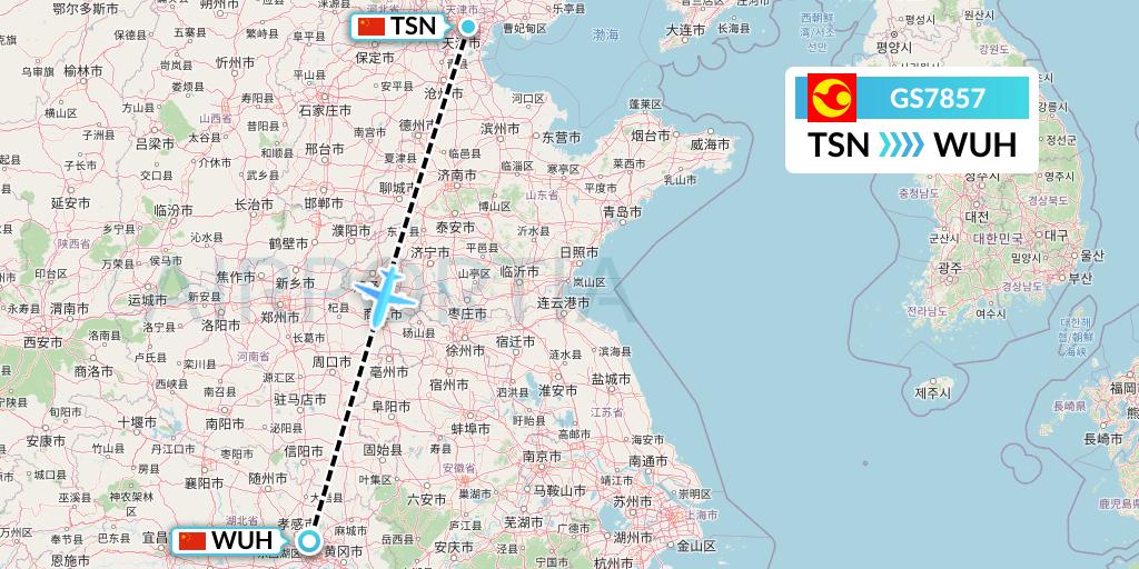 GS7857 Tianjin Airlines Flight Map: Tianjin to Wuhan