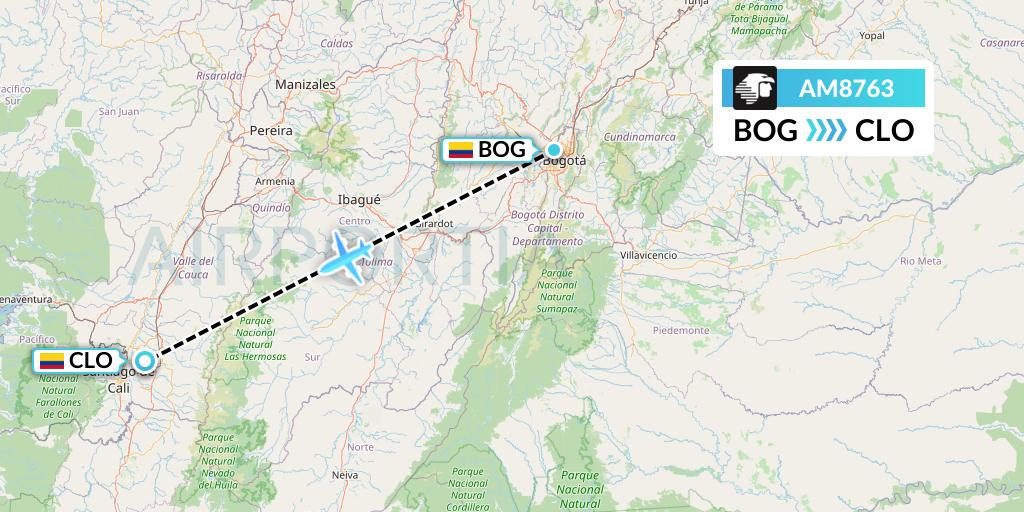 AM8763 Aeromexico Flight Map: Bogota to Cali