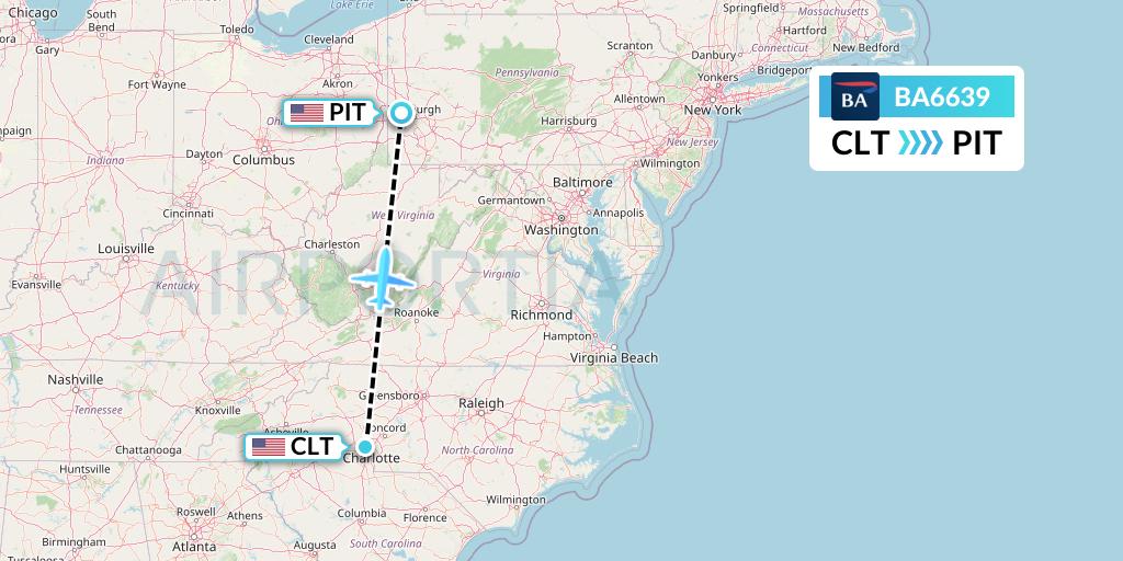 BA6639 British Airways Flight Map: Charlotte to Pittsburgh