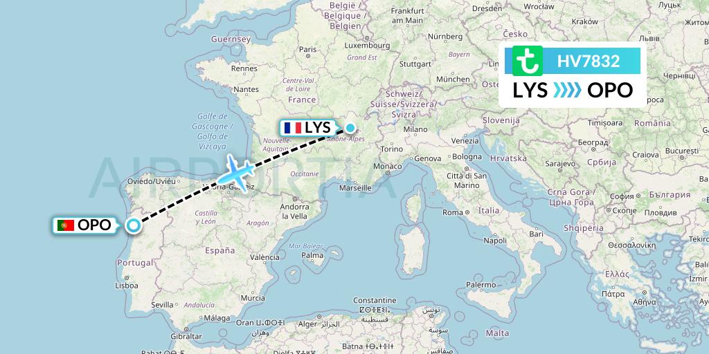 HV7832 Transavia Flight Map: Lyon to Porto