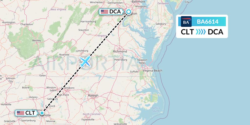 BA6614 British Airways Flight Map: Charlotte to Washington
