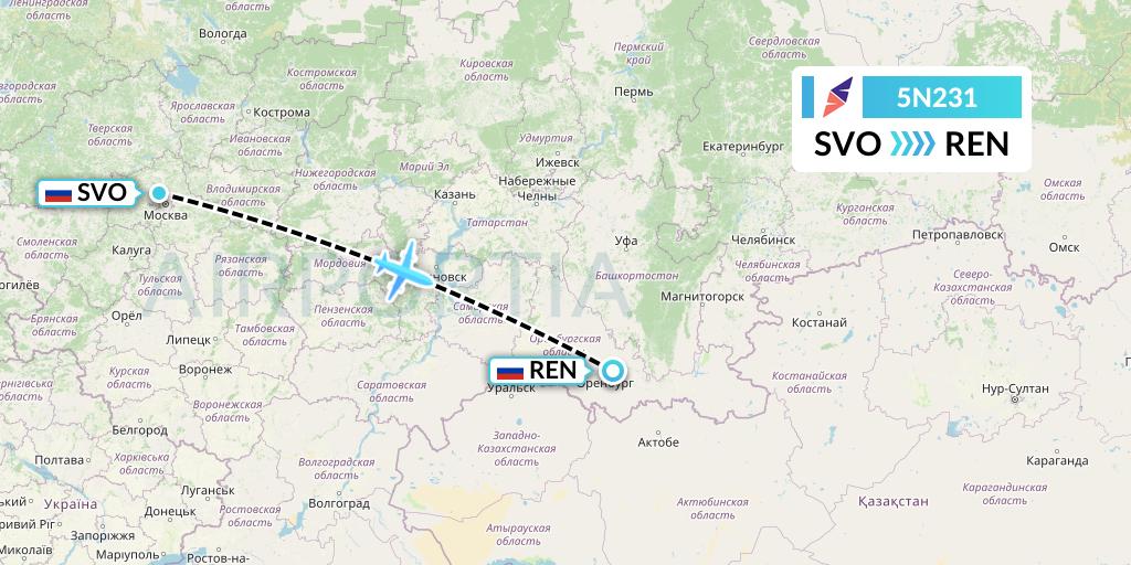 5N231 Nordavia Flight Map: Moscow to Orenburg