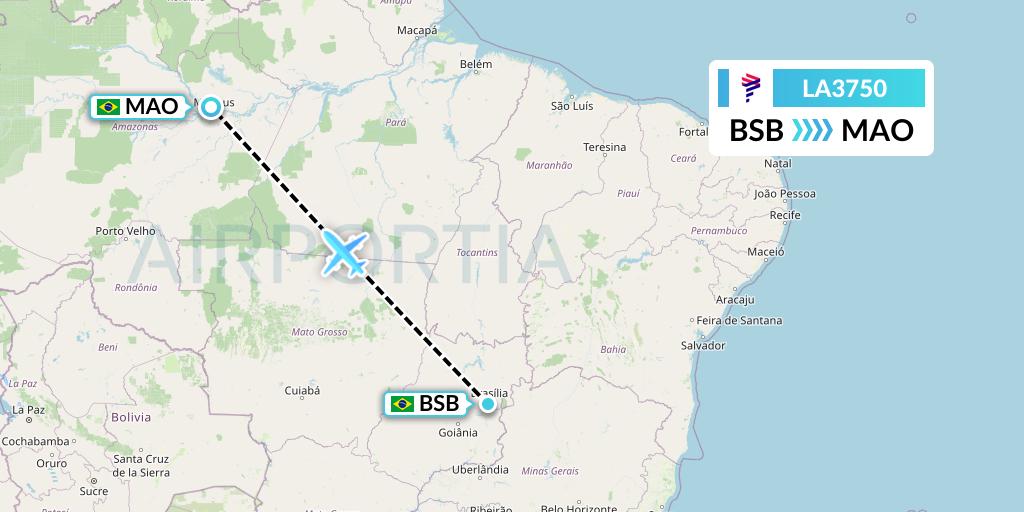LA3750 LAN Airlines Flight Map: Brasilia to Manaus