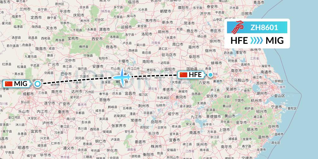 ZH8601 Shenzhen Airlines Flight Map: Hefei to Mianyang