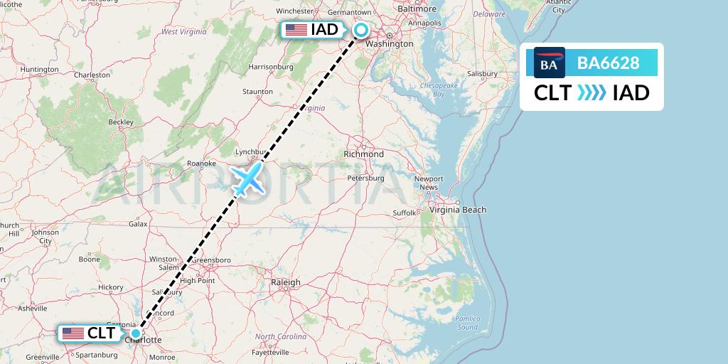 BA6628 British Airways Flight Map: Charlotte to Washington