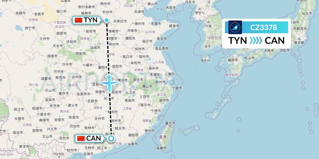 CZ3378 China Southern Airlines Flight Map: Taiyuan to Guangzhou
