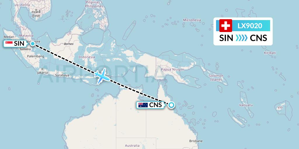 LX9020 Swiss Flight Map: Singapore to Cairns