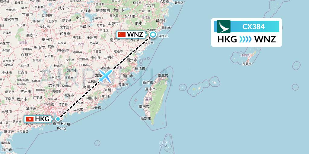 CX384 Cathay Pacific Flight Map: Hong Kong to Wenzhou