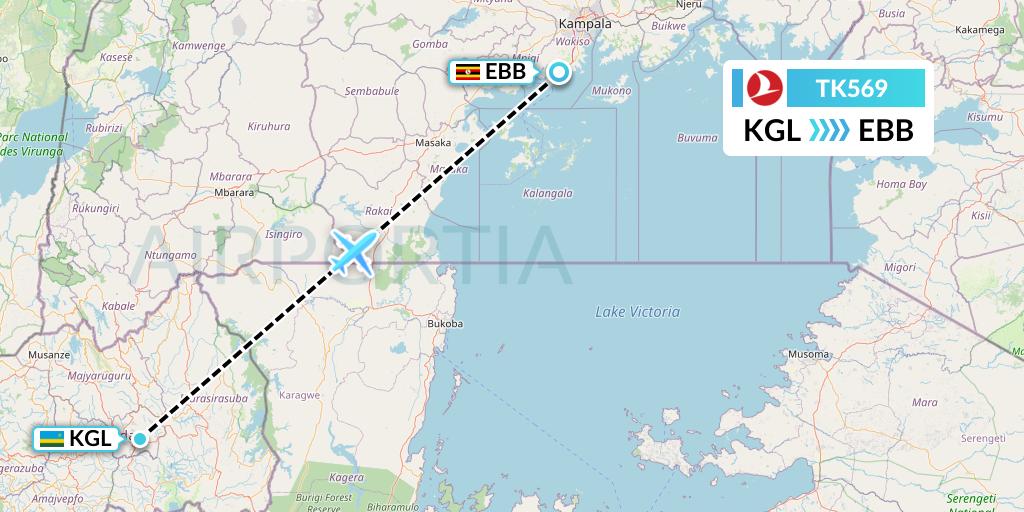 TK569 Turkish Airlines Flight Map: Kigali to Entebbe