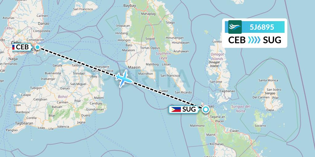 5J6895 CEBU Pacific Air Flight Map: Cebu to Surigao