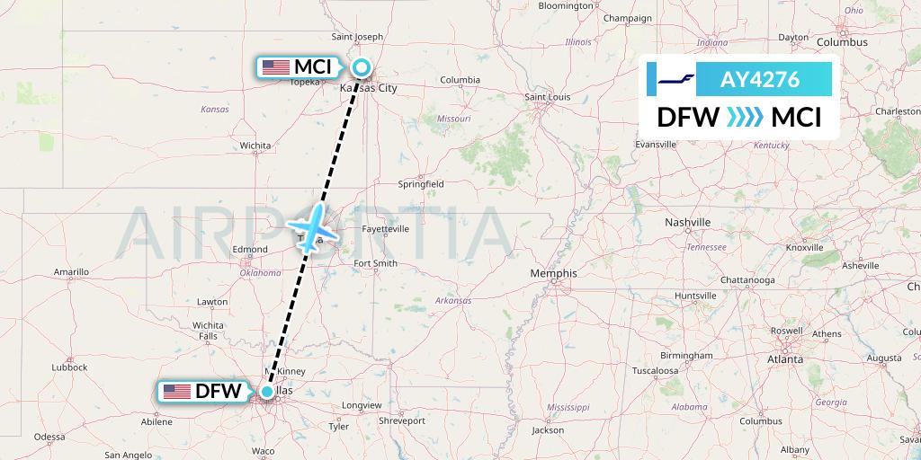 AY4276 Finnair Flight Map: Dallas to Kansas City