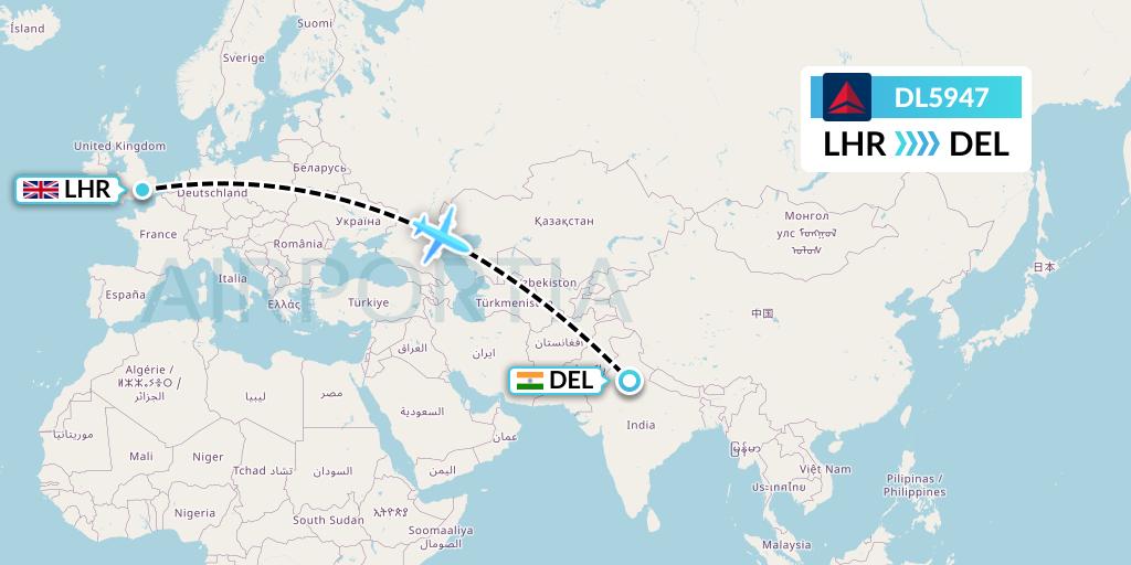 DL5947 Delta Air Lines Flight Map: London to Delhi
