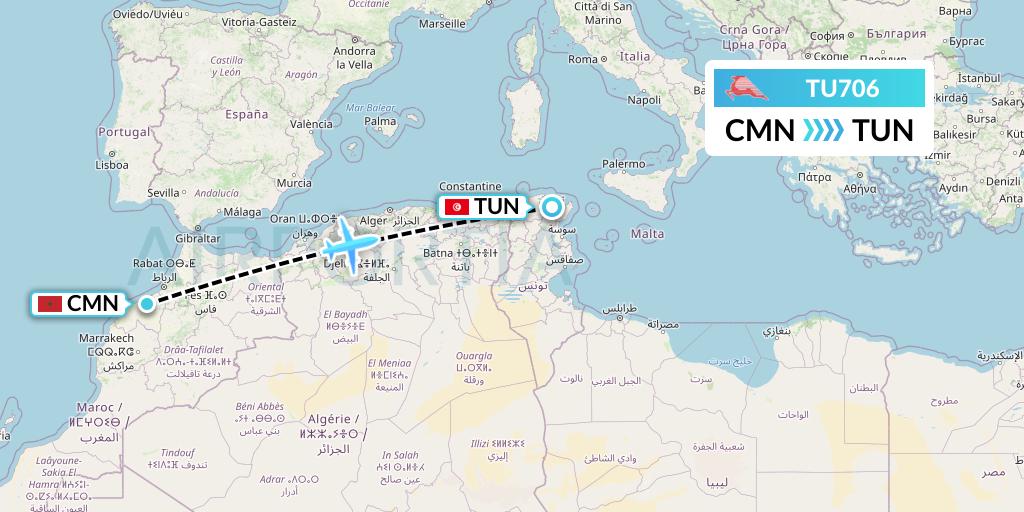 TU706 Tunisair Flight Map: Casablanca to Tunis