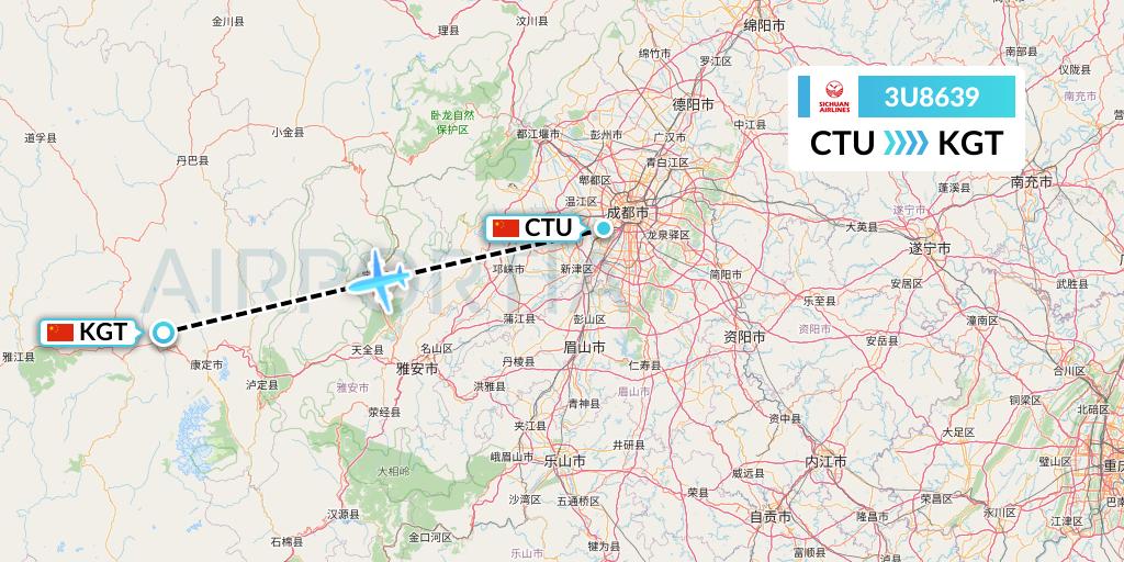 3U8639 Sichuan Airlines Flight Map: Chengdu to Kangding