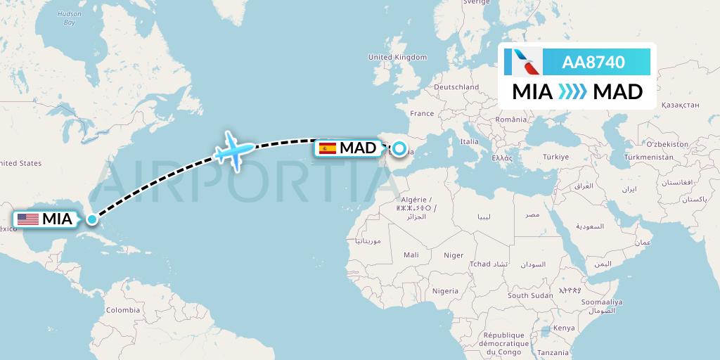 AA8740 American Airlines Flight Map: Miami to Madrid