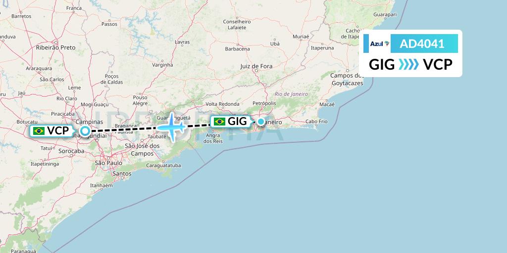 AD4041 Azul Brazilian Airlines Flight Map: Rio de Janeiro to Campinas