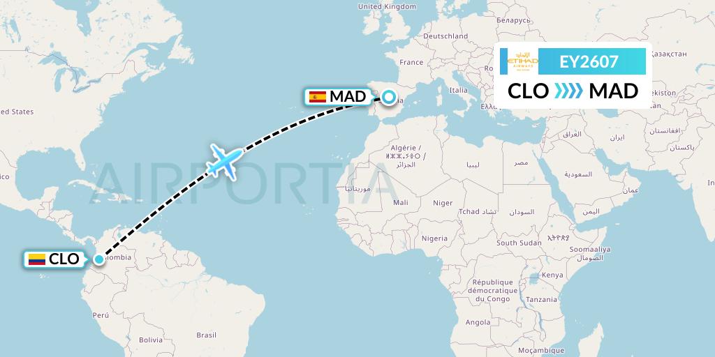 EY2607 Etihad Airways Flight Map: Cali to Madrid