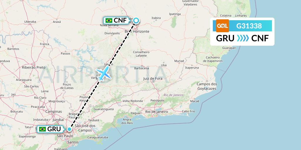 G31338 GOL Transportes Aeros Flight Map: Sao Paulo to Belo Horizonte