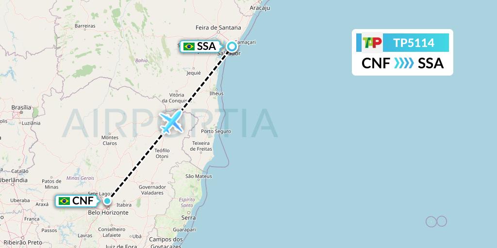 TP5114 TAP Portugal Flight Map: Belo Horizonte to Salvador