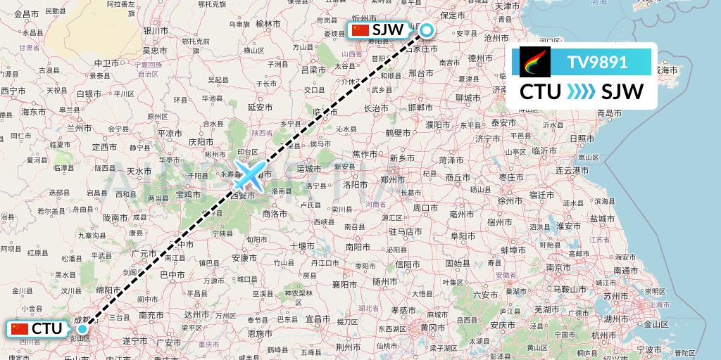 TV9891 Tibet Airlines Flight Map: Chengdu to Shijiazhuang