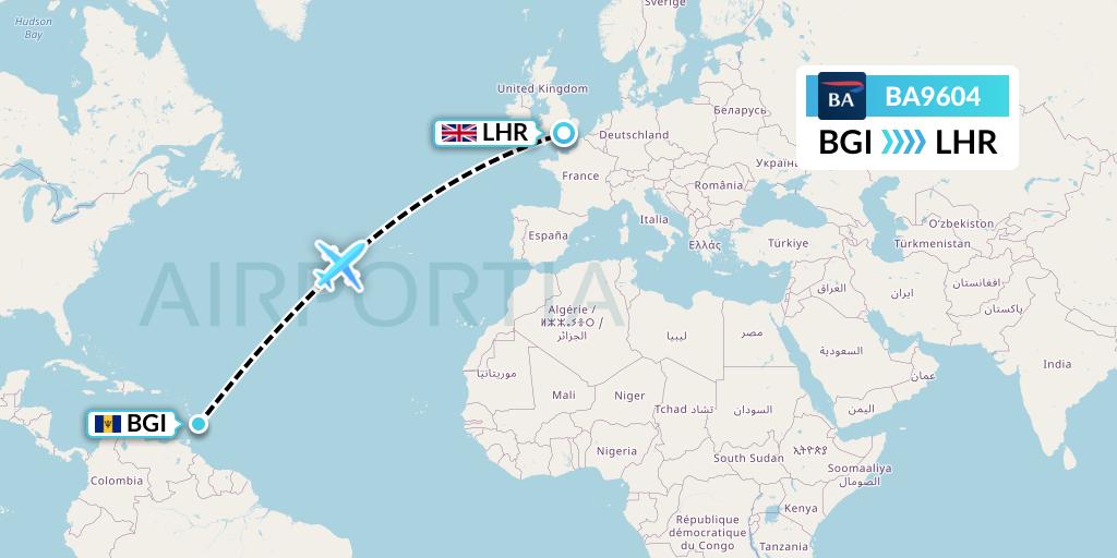 BA9604 British Airways Flight Map: Bridgetown to London