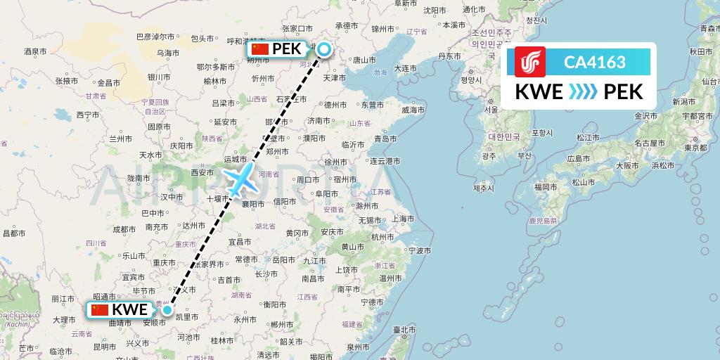 CA4163 Air China Flight Map: Guiyang to Beijing
