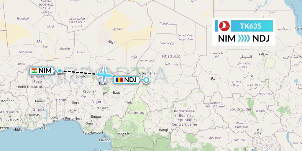 TK635 Turkish Airlines Flight Map: Niamey to N'Djamena