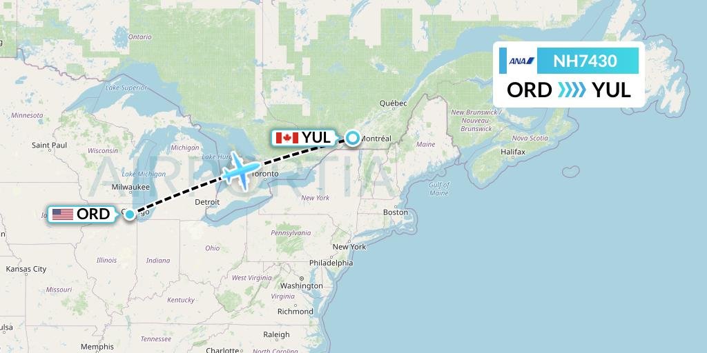 NH7430 All Nippon Airways Flight Map: Chicago to Montreal