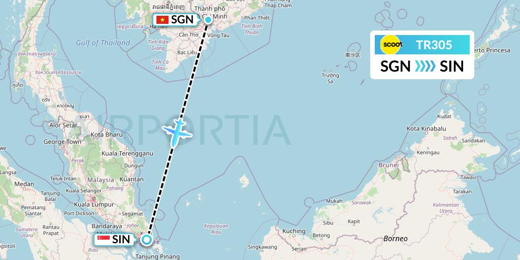 TR305 Tigerair Flight Map: Ho Chi Minh City to Singapore