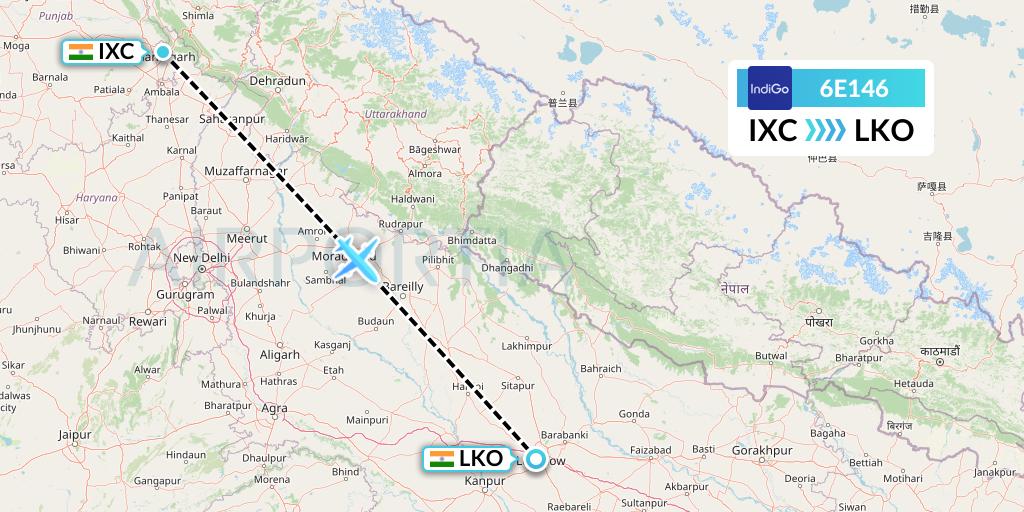 6E146 IndiGo Airlines Flight Map: Chandigarh to Lucknow