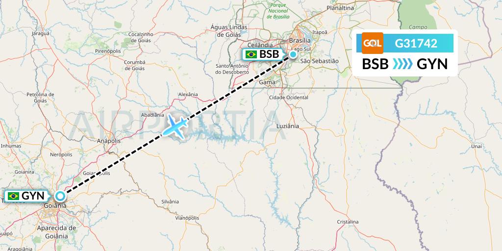G31742 GOL Transportes Aeros Flight Map: Brasilia to Goiania