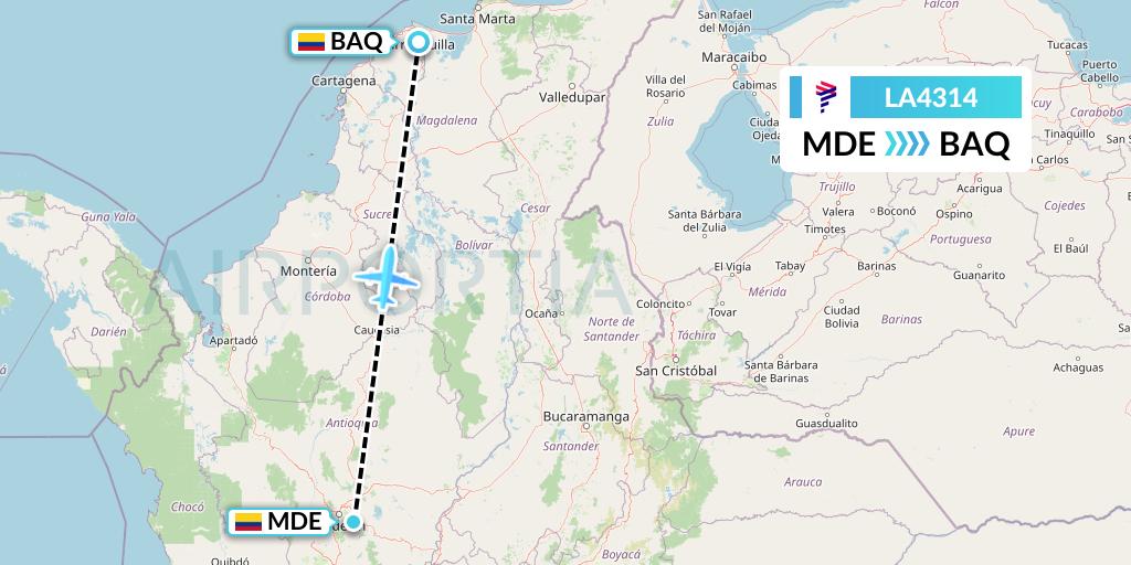 LA4314 LAN Airlines Flight Map: Medellin to Barranquilla