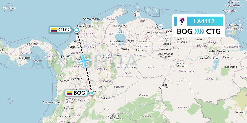 LA4112 LAN Airlines Flight Map: Bogota to Cartagena