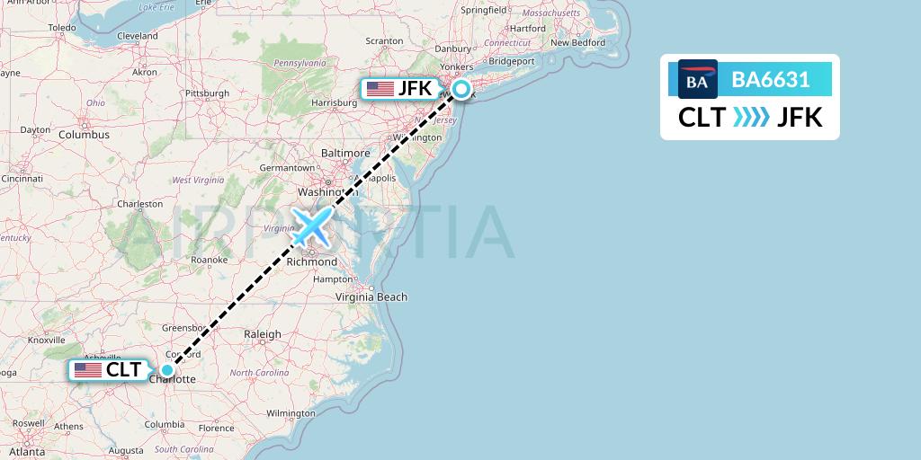 BA6631 British Airways Flight Map: Charlotte to New York