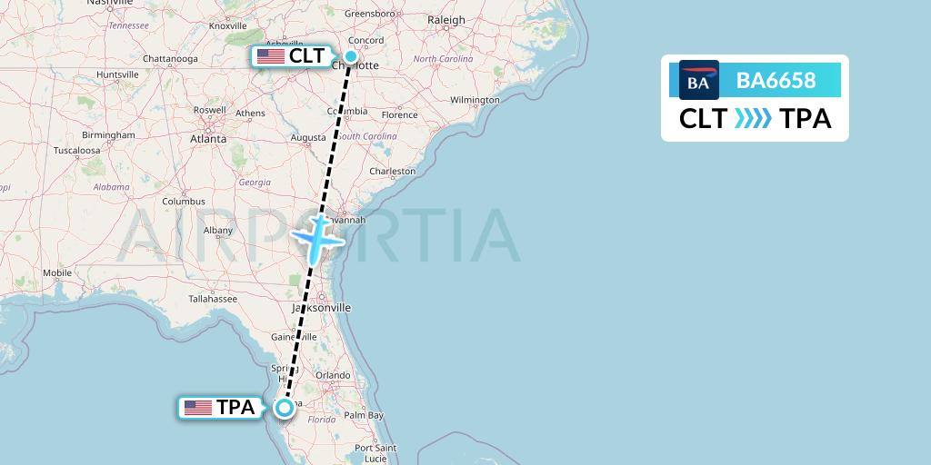 BA6658 British Airways Flight Map: Charlotte to Tampa