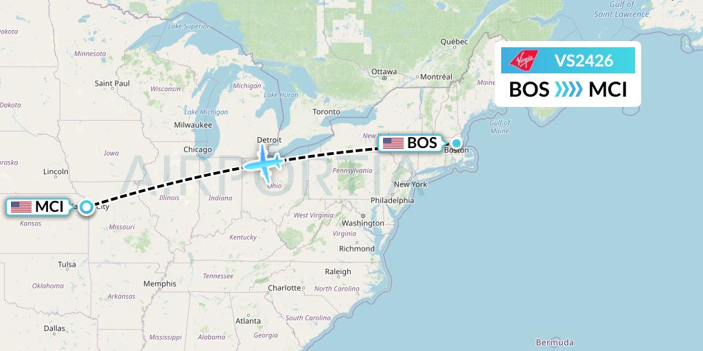 VS2426 Virgin Atlantic Airways Flight Map: Boston to Kansas City
