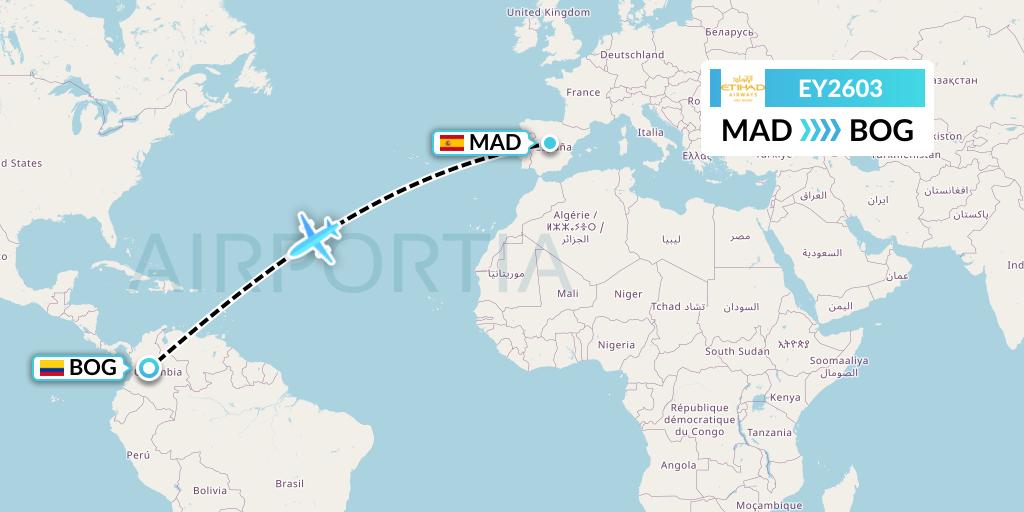 EY2603 Etihad Airways Flight Map: Madrid to Bogota