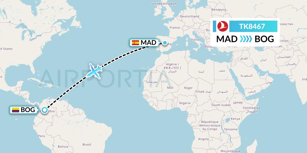 TK8467 Turkish Airlines Flight Map: Madrid to Bogota