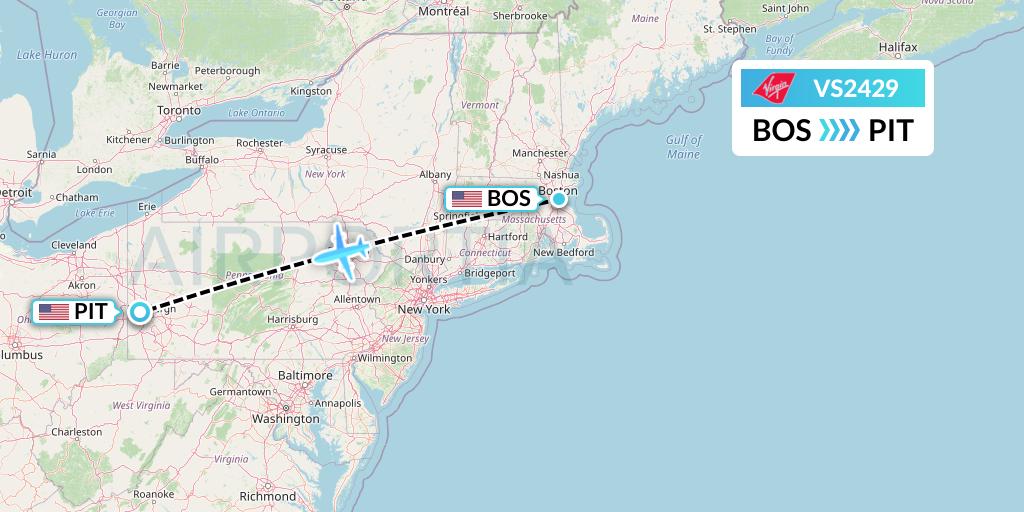 VS2429 Virgin Atlantic Airways Flight Map: Boston to Pittsburgh