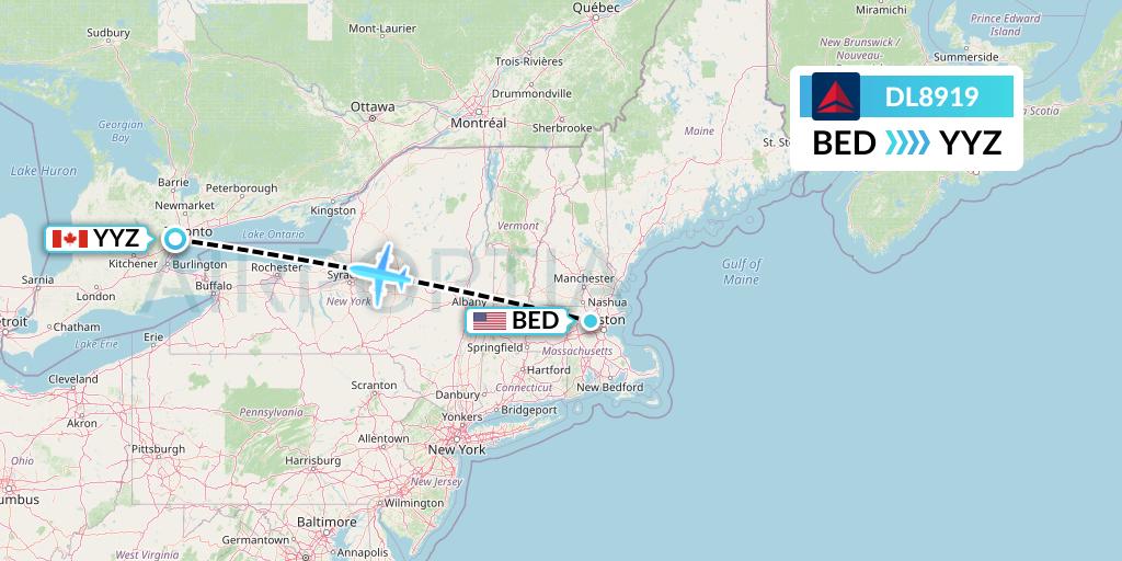 DL8919 Delta Air Lines Flight Map: Bedford to Toronto