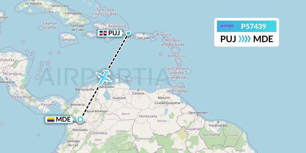 P57439 Copa Airlines Colombia Flight Map: Punta Cana to Medellin
