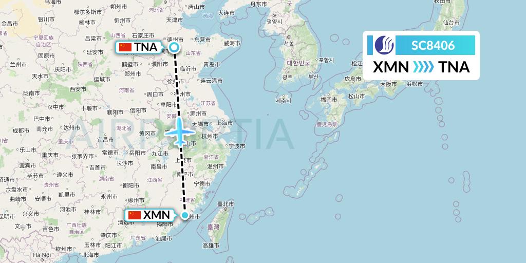 SC8406 Shandong Airlines Flight Map: Xiamen to Jinan