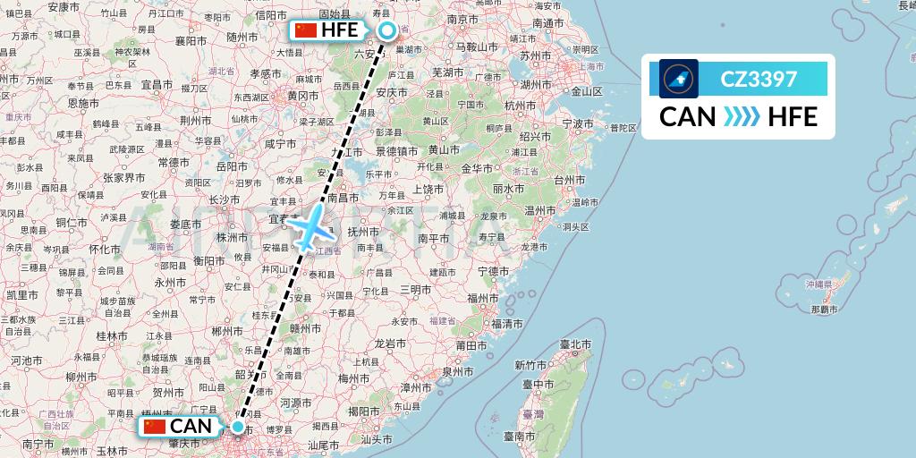CZ3397 China Southern Airlines Flight Map: Guangzhou to Hefei