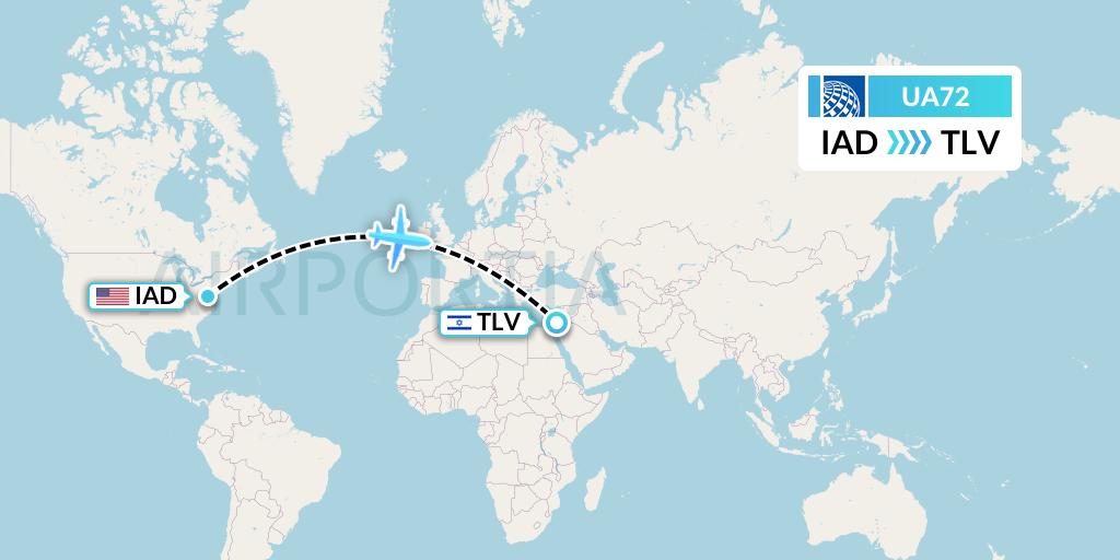 UA72 United Airlines Flight Map: Washington to Tel Aviv