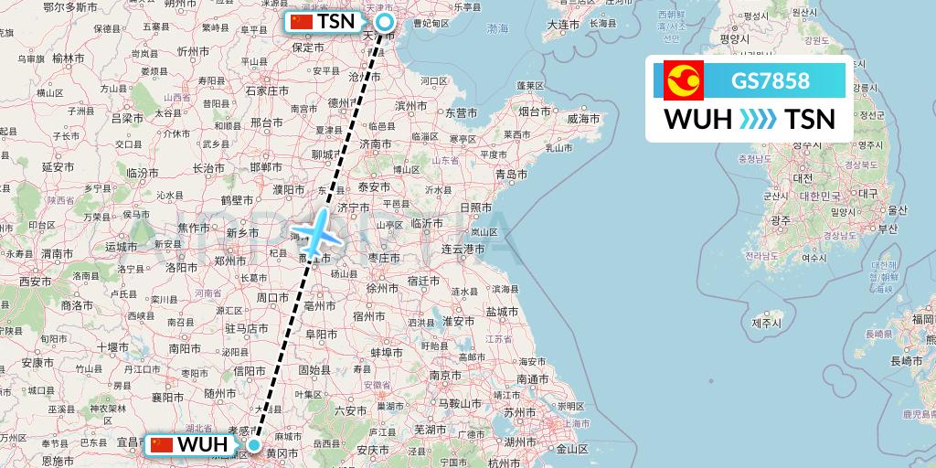 GS7858 Tianjin Airlines Flight Map: Wuhan to Tianjin