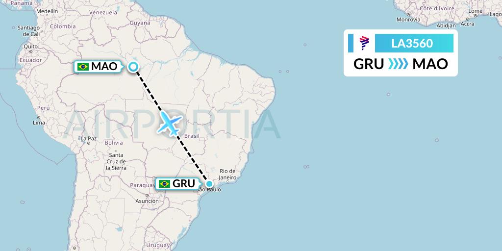 LA3560 LAN Airlines Flight Map: Sao Paulo to Manaus