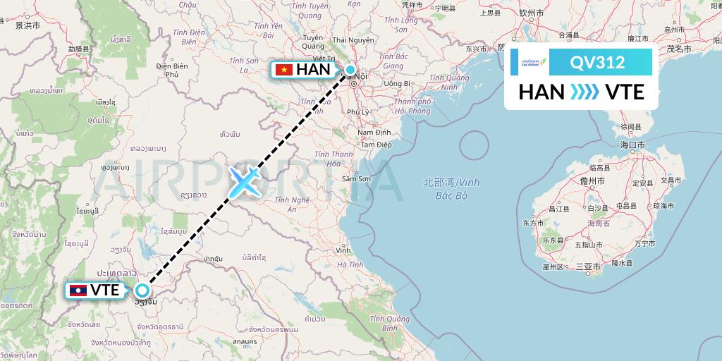 QV312 Lao Airlines Flight Map: Hanoi to Vientiane
